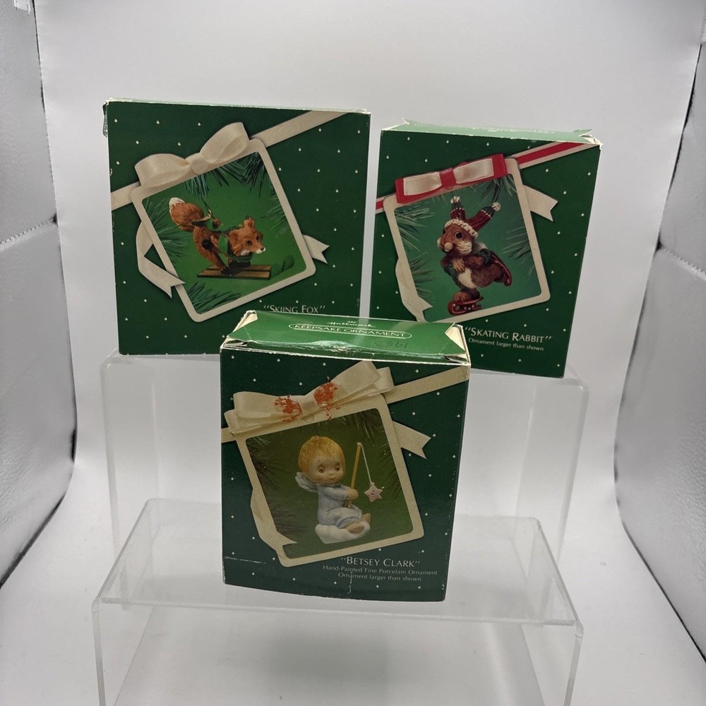 Vtg~Hallmark Ornaments~Lot of 3~Betsey Clark/Skating Rabbit/Skiing Fox~IOB